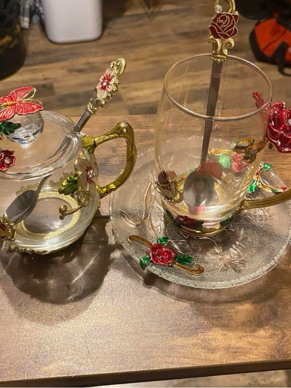 Floral Glass Tea Cup and Sugar Bowl Set with Red Rose Accents